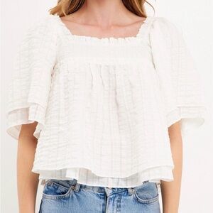 Free the Roses White TEXTURED CRINKLE DOUBLE FLUTTER TOP size large